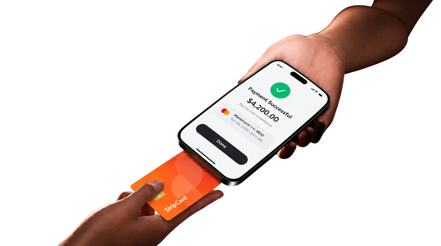 An orange StripCard tapped against a phone showing a successful $4,200.00 payment